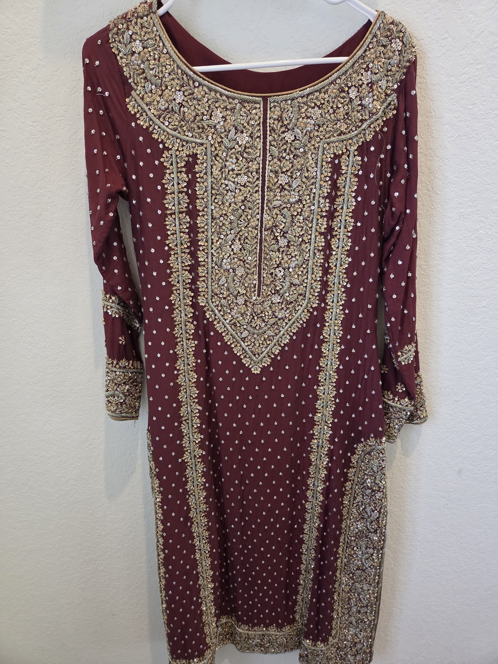 Embellished Maroon Women's Long Dress with Gold Accents